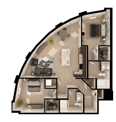 Floor plan for 2 beds, 2 baths, 1222 sqft